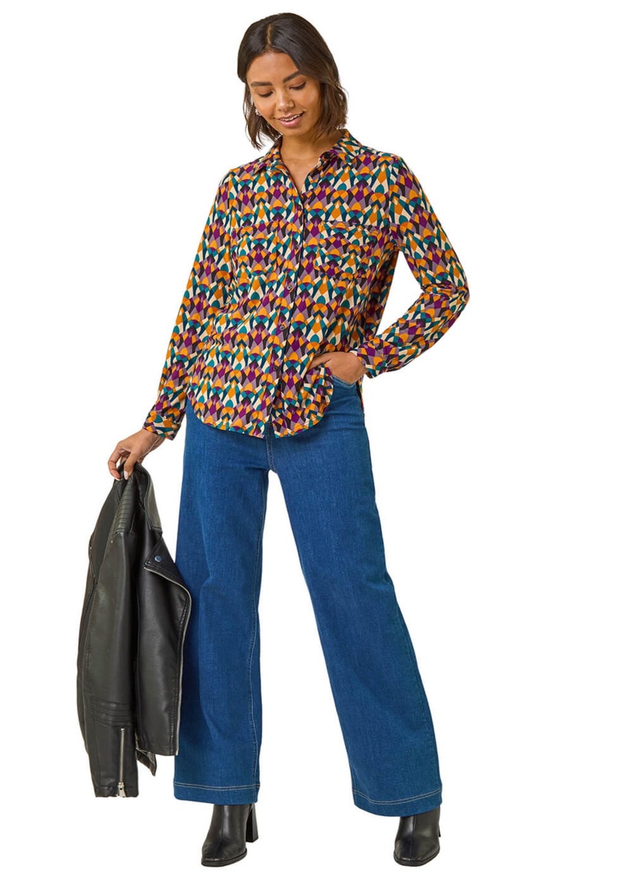 Roman Orange Geo Print Stretch Top