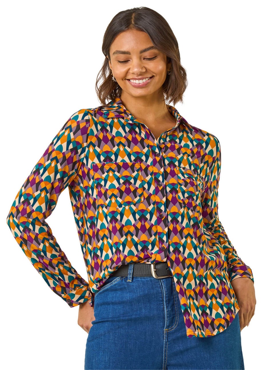 Roman Orange Geo Print Stretch Top