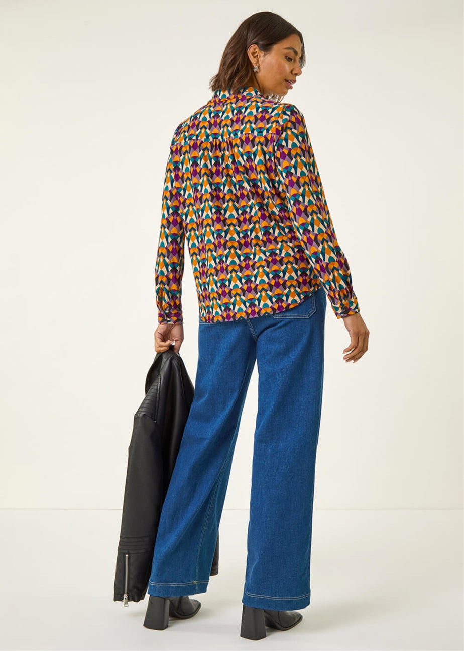 Roman Orange Geo Print Stretch Top