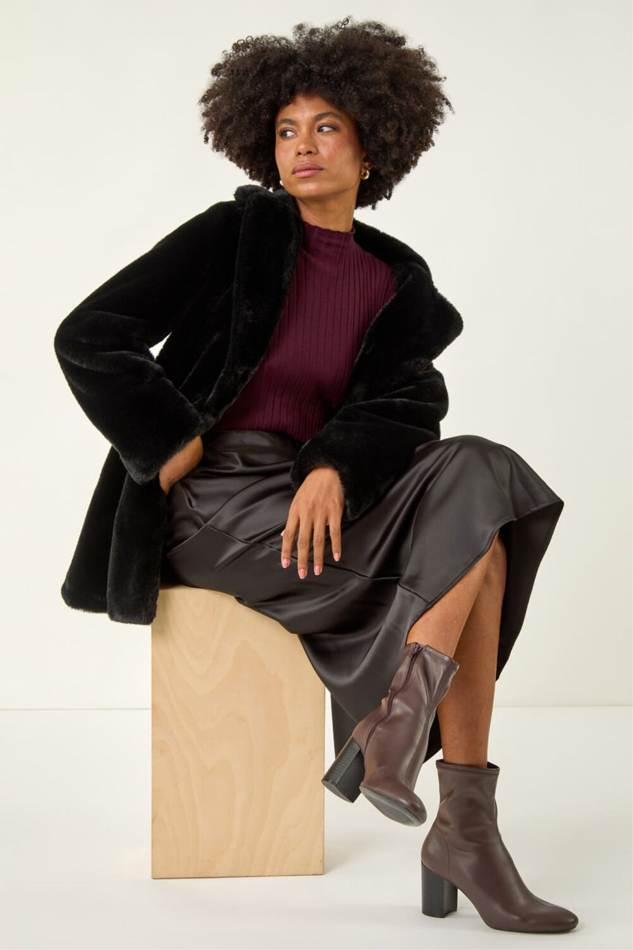 Roman Black Faux Fur Longline Coat
