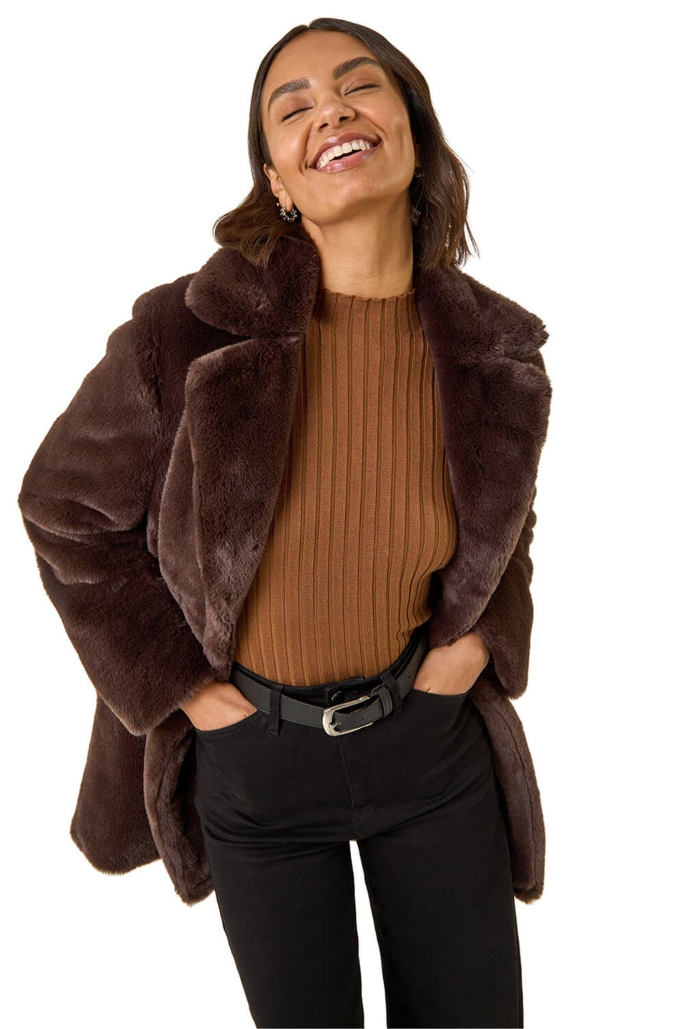 Roman Chocolate Faux Fur Longline Coat
