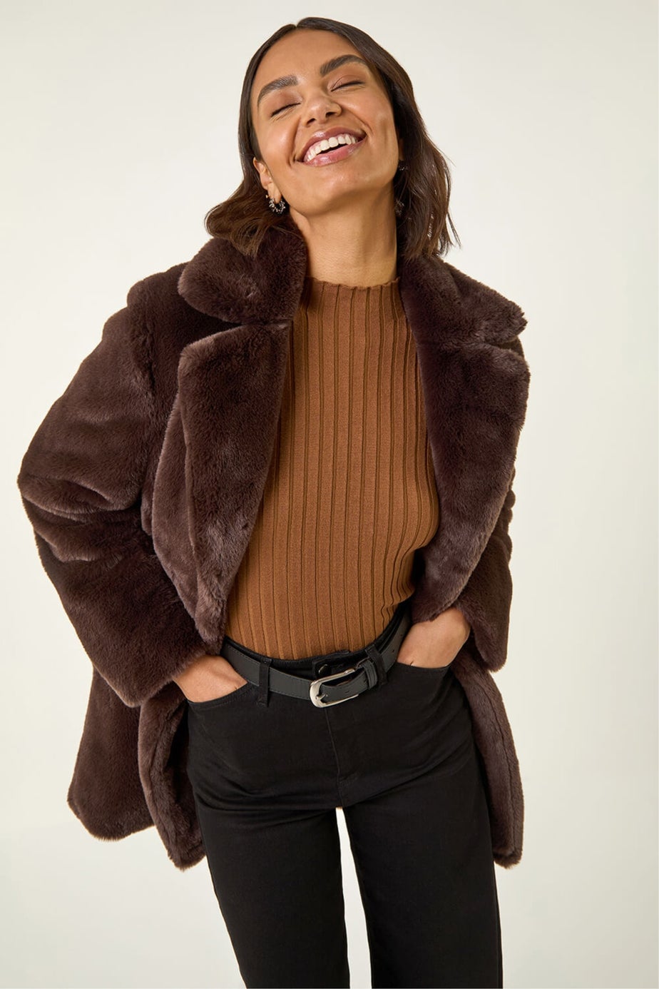 Roman Chocolate Faux Fur Longline Coat