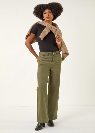 Roman Khaki Cotton Blend Wide Leg Stretch Jeans
