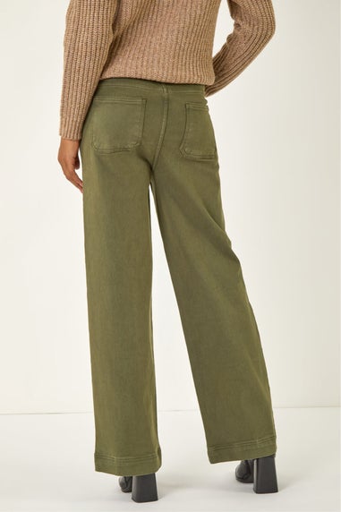 Roman Khaki Cotton Blend Wide Leg Stretch Jeans