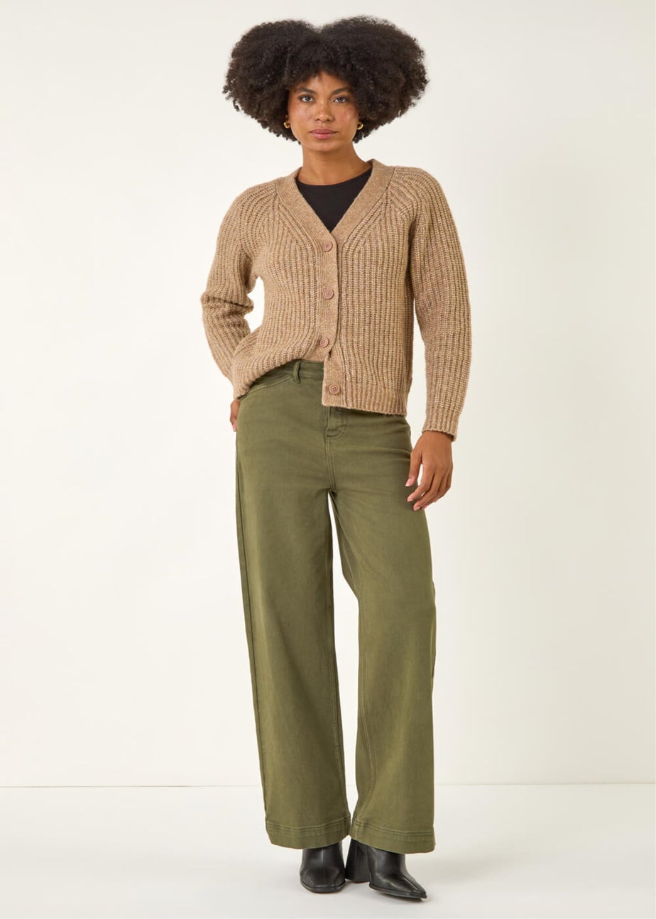 Roman Khaki Cotton Blend Wide Leg Stretch Jeans