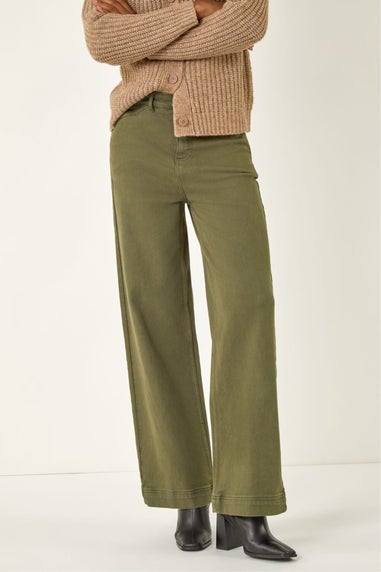 Roman Khaki Cotton Blend Wide Leg Stretch Jeans