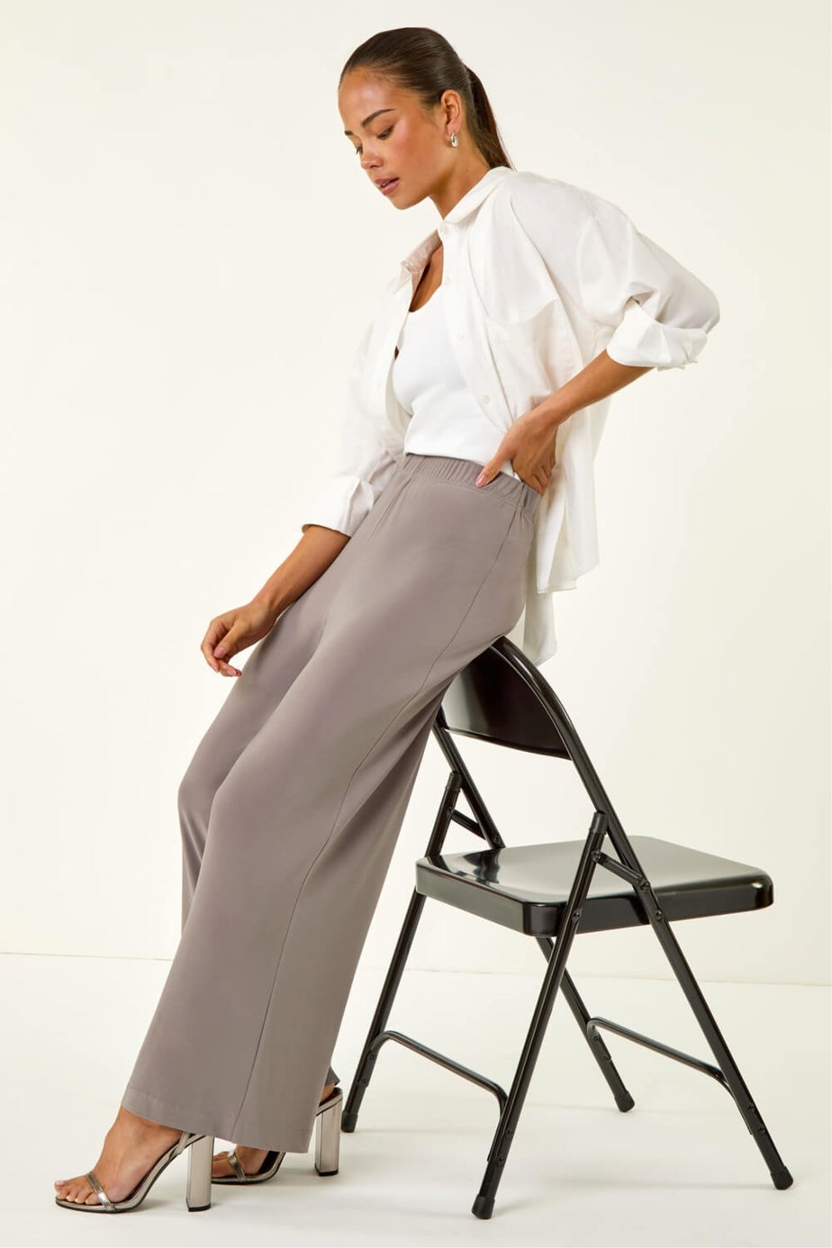 Roman Taupe Petite Wide Leg Stretch Trouser