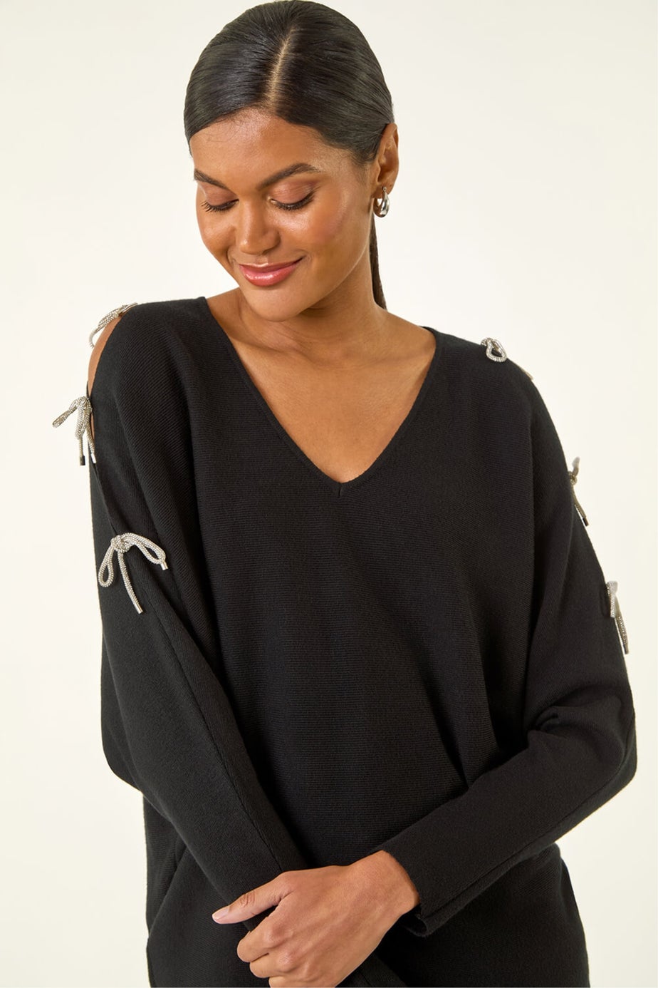 Roman Black Bow Sleeve V-Neck Knit Jumper