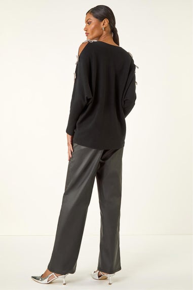 Roman Black Bow Sleeve V-Neck Knit Jumper