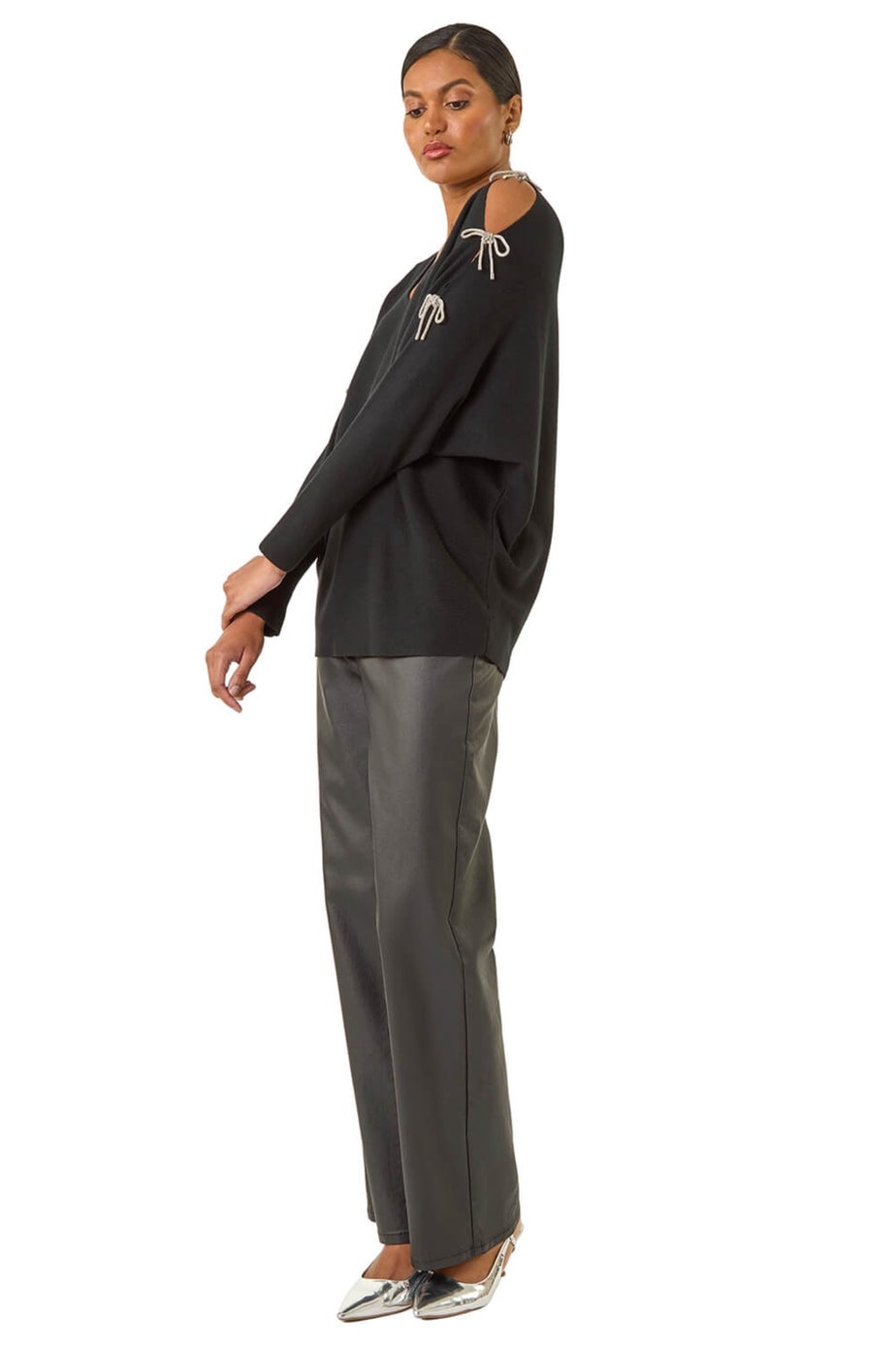 Roman Black Bow Sleeve V-Neck Knit Jumper