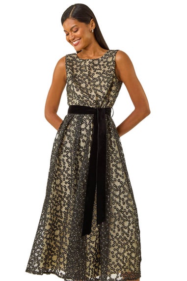 Roman Black Lace Overlay Bow Detail Midi Dress