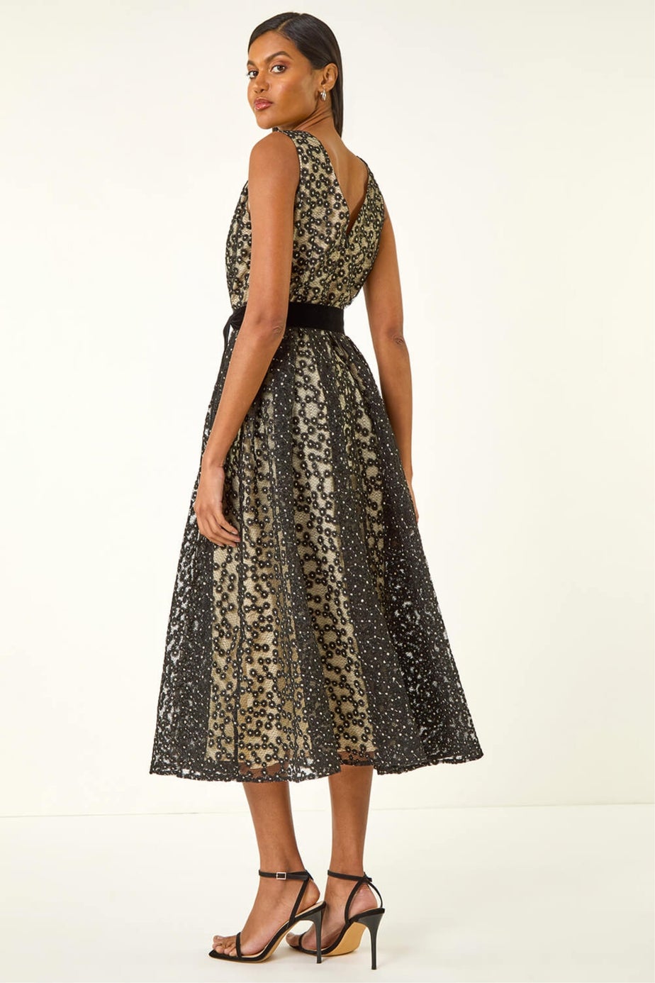 Roman Black Lace Overlay Bow Detail Midi Dress