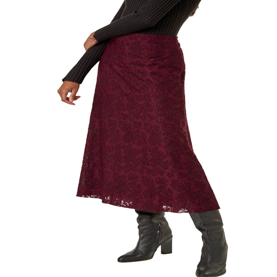 Roman Burgundy Floral Textured A-Line Skirt