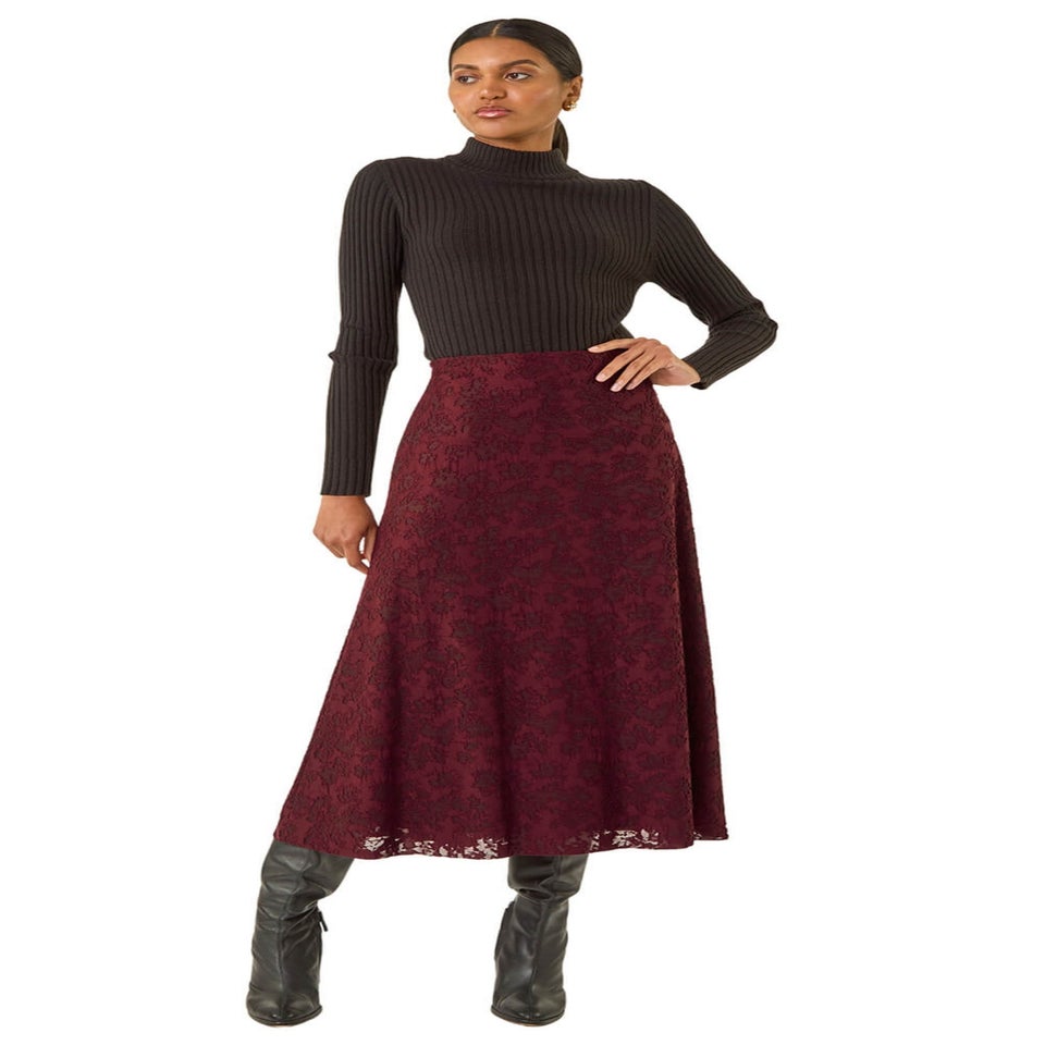 Roman Burgundy Floral Textured A-Line Skirt