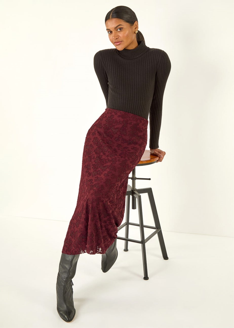 Roman Burgundy Floral Textured A-Line Skirt