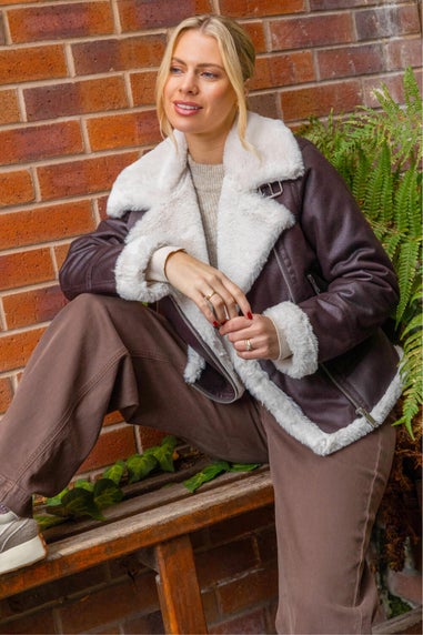 Roman Brown Contrast Aviator Fur Coat