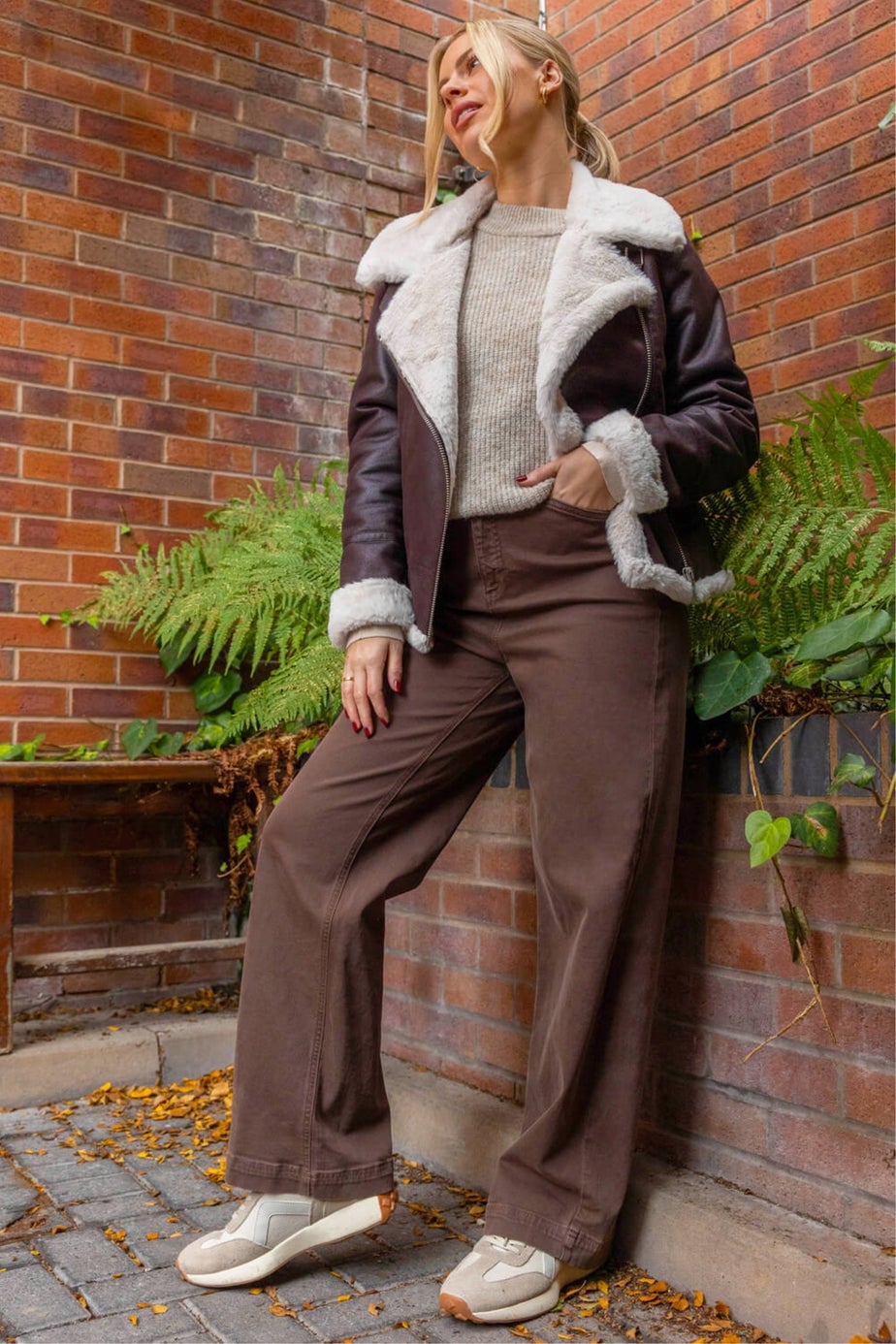 Roman Brown Contrast Aviator Fur Coat