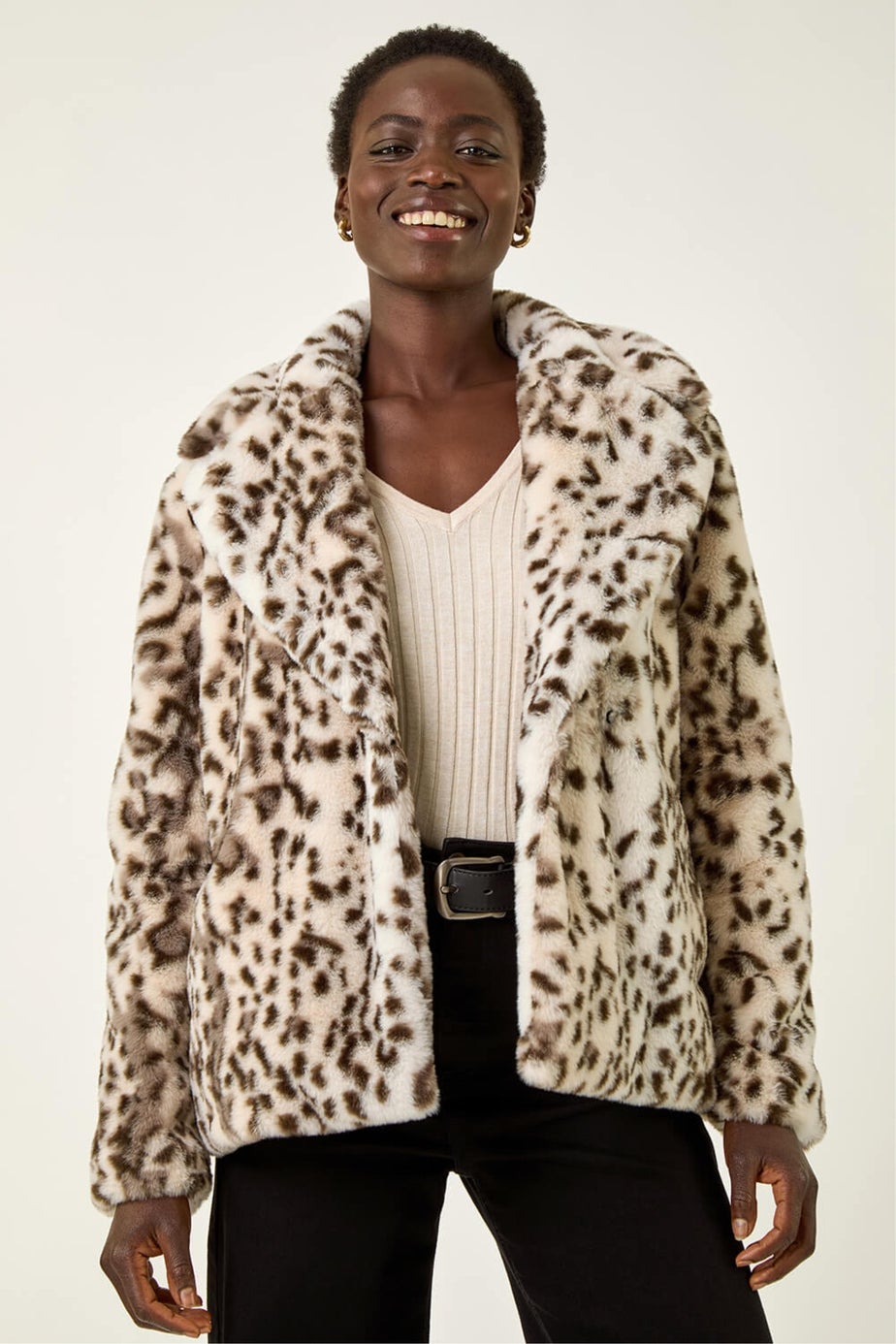 Roman Brown Faux Snow Leopard Fur Coat