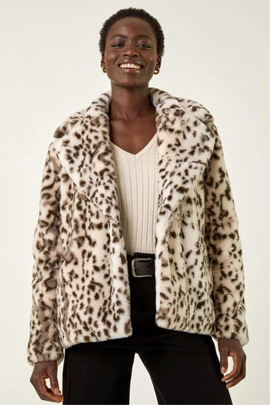 Roman Brown Faux Snow Leopard Fur Coat