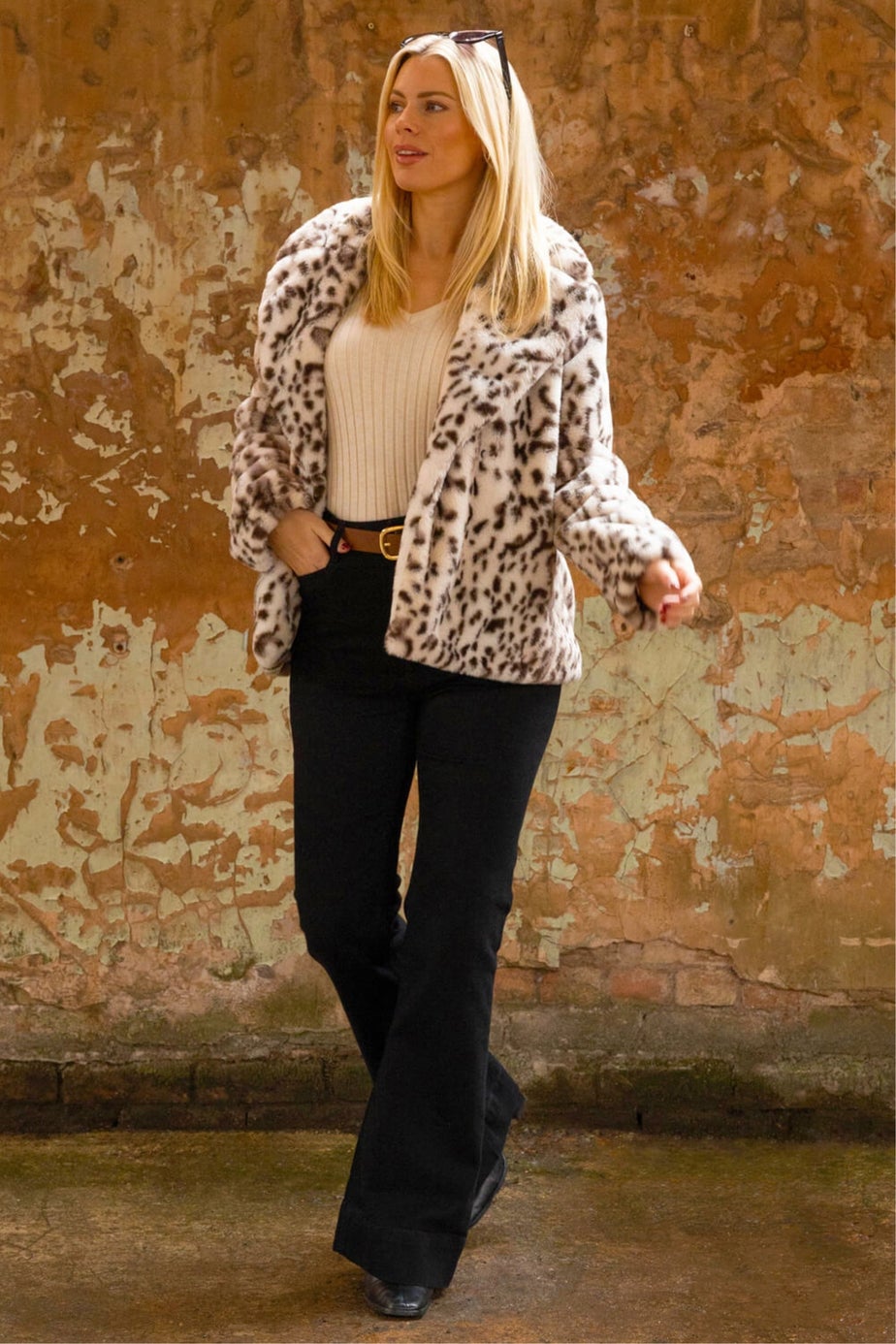 Roman Brown Faux Snow Leopard Fur Coat