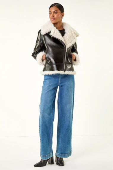 Roman Black Contrast Faux Leather Aviator Coat