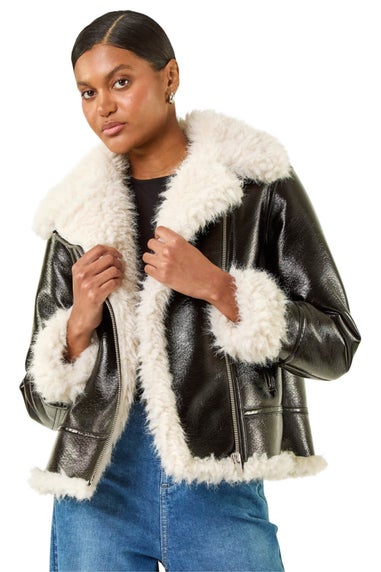 Roman Black Contrast Faux Leather Aviator Coat