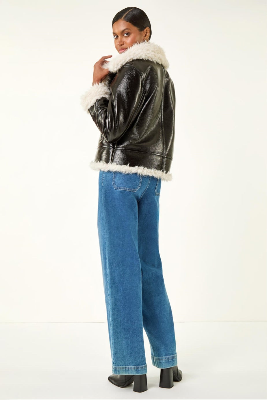 Roman Black Contrast Faux Leather Aviator Coat