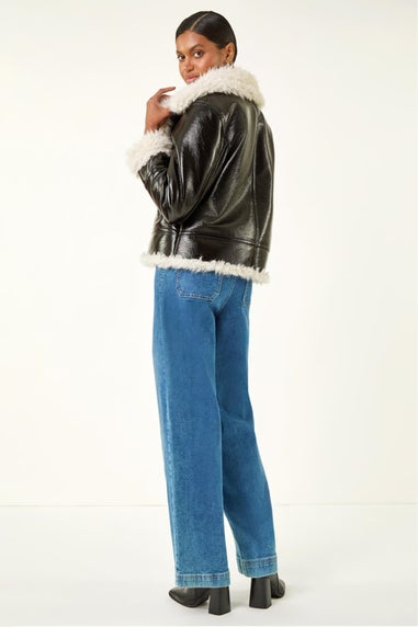 Roman Black Contrast Faux Leather Aviator Coat