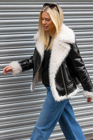 Roman Black Contrast Faux Leather Aviator Coat