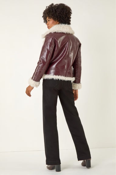 Roman Burgundy Contrast Faux Leather Aviator Coat