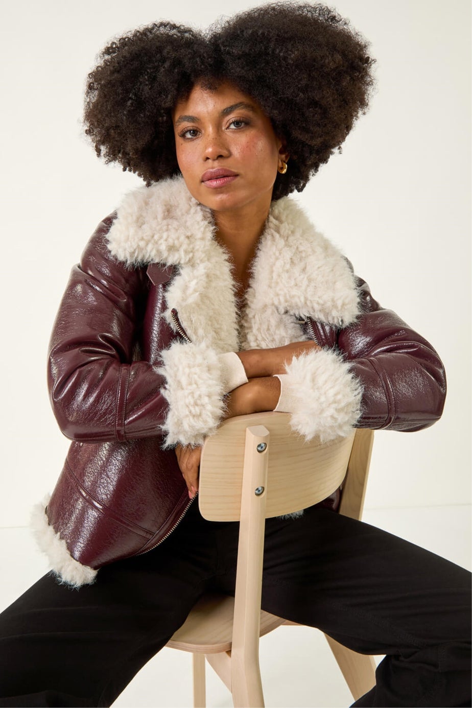 Roman Burgundy Contrast Faux Leather Aviator Coat