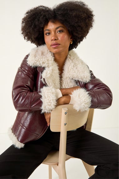 Roman Burgundy Contrast Faux Leather Aviator Coat