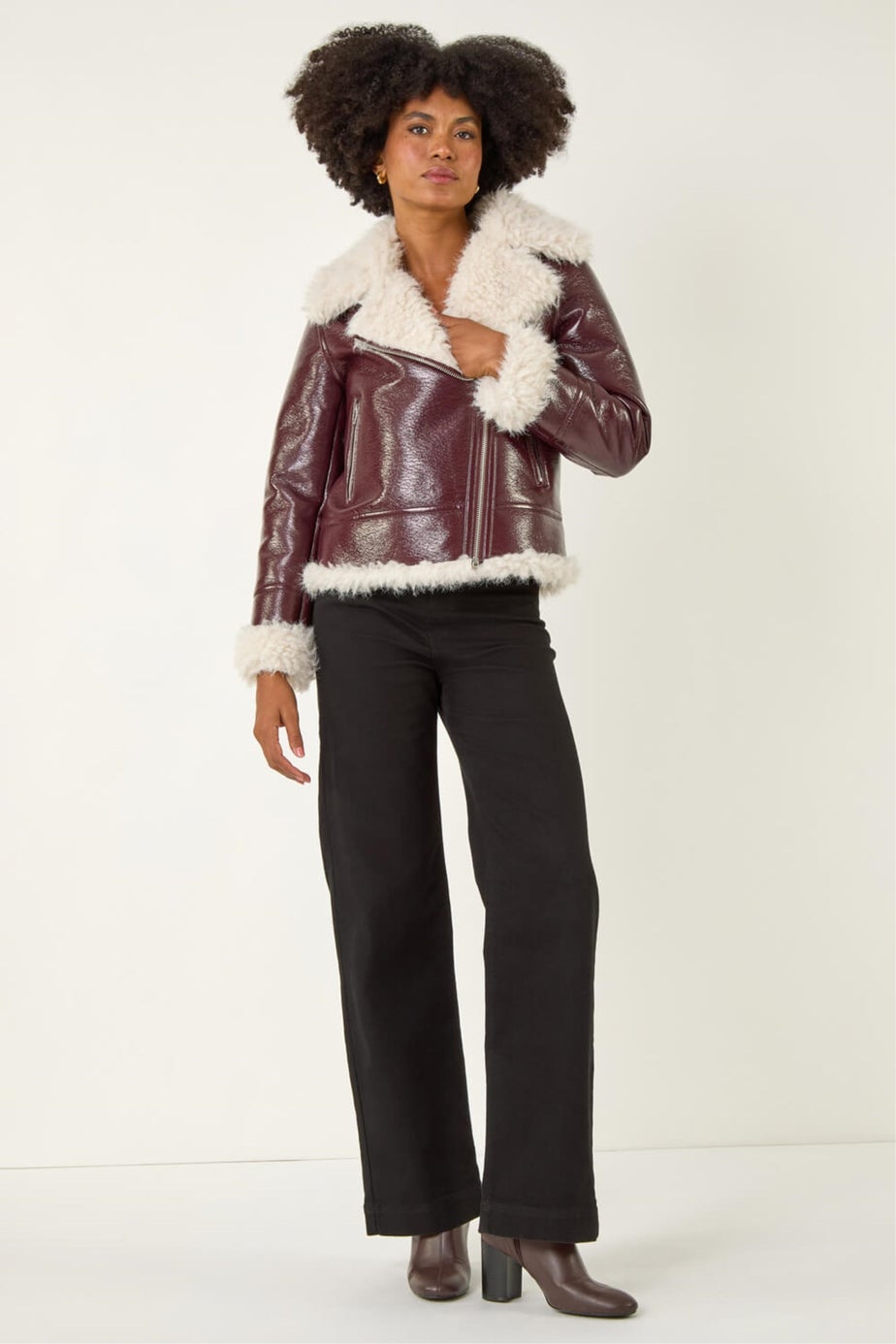 Roman Burgundy Contrast Faux Leather Aviator Coat