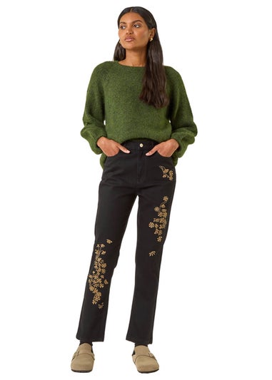 Roman Black Floral Embroidered Stretch Jeans