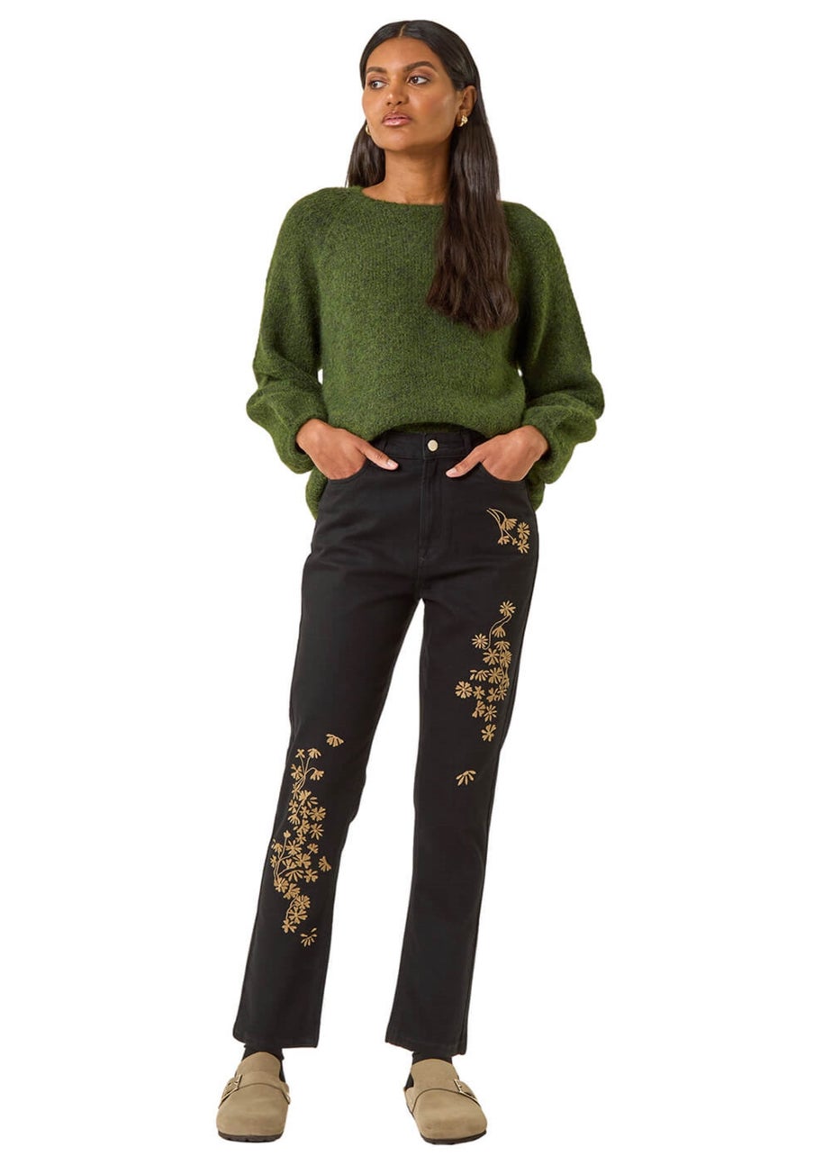Roman Black Floral Embroidered Stretch Jeans