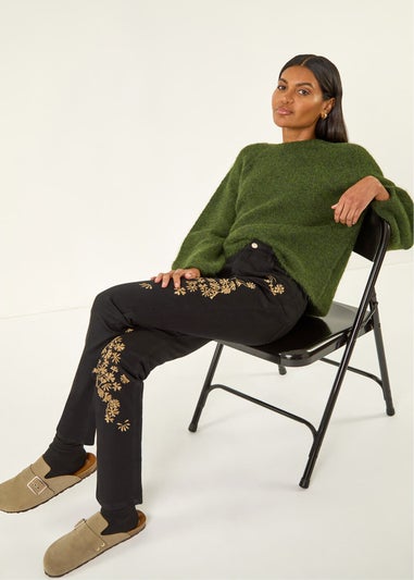 Roman Black Floral Embroidered Stretch Jeans