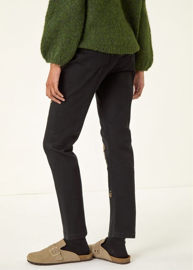 Roman Black Floral Embroidered Stretch Jeans