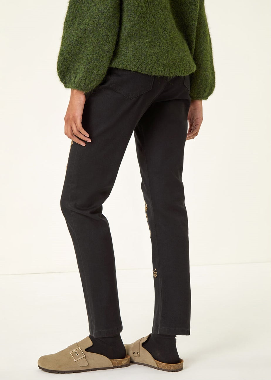 Roman Black Floral Embroidered Stretch Jeans