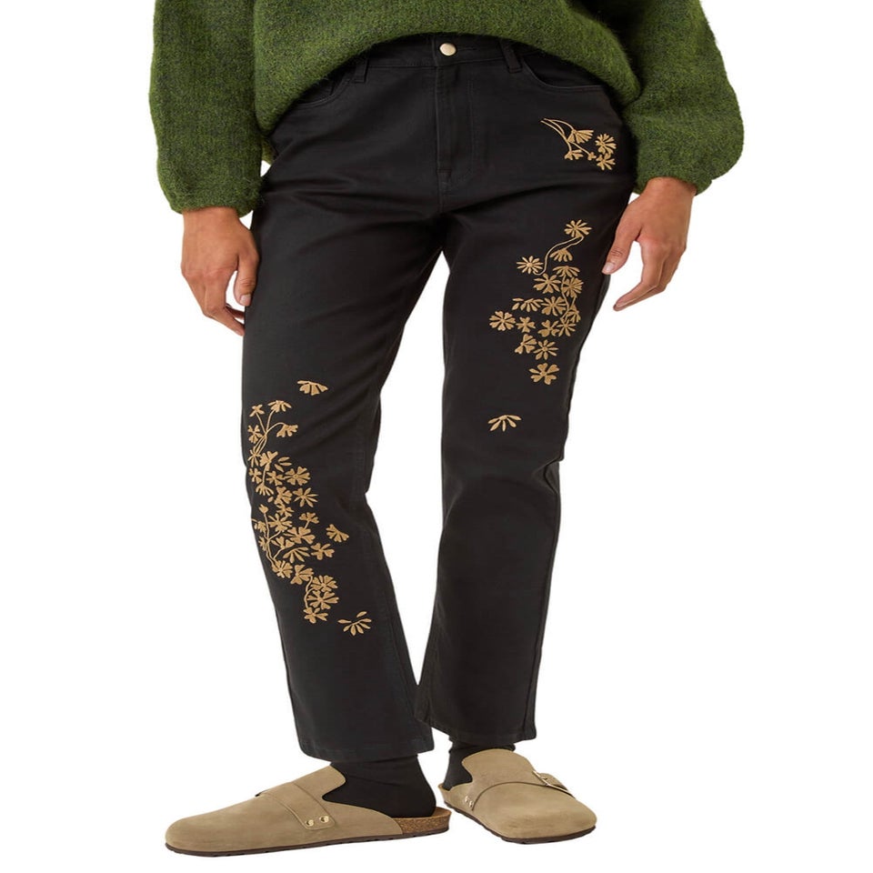 Roman Black Floral Embroidered Stretch Jeans