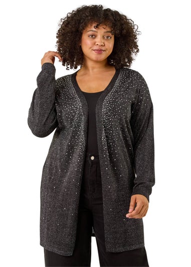 Roman Black Curve Hotfix Longline Knit Cardigan
