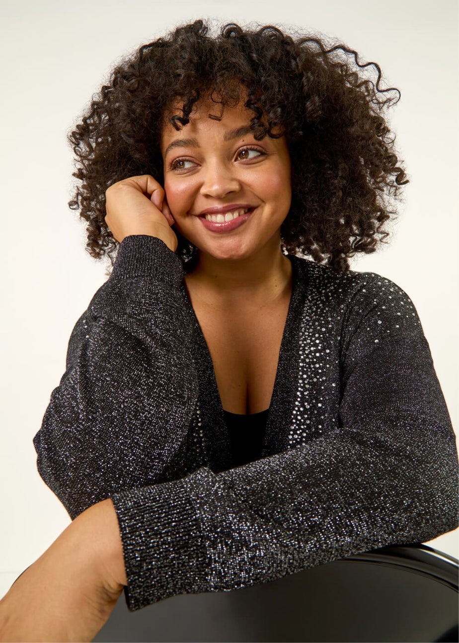 Roman Black Curve Hotfix Longline Knit Cardigan