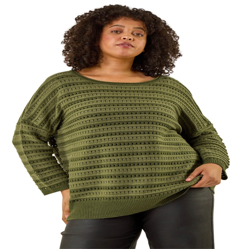 Roman Green Curve Crochet Stripe Knit