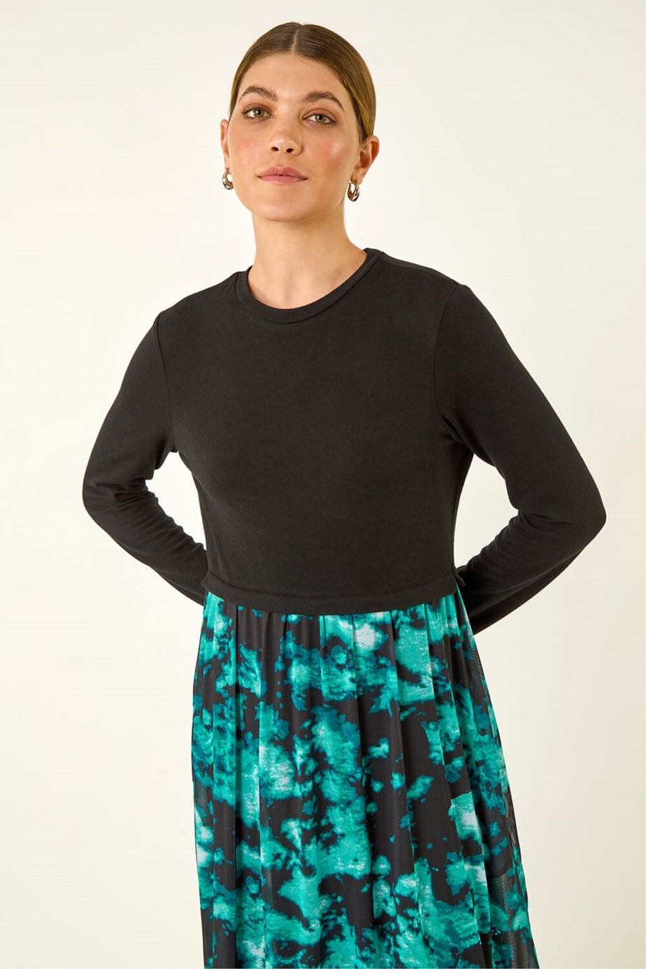 Roman Teal Abstract Print Stretch Midi Dress