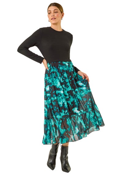 Roman Teal Abstract Print Stretch Midi Dress