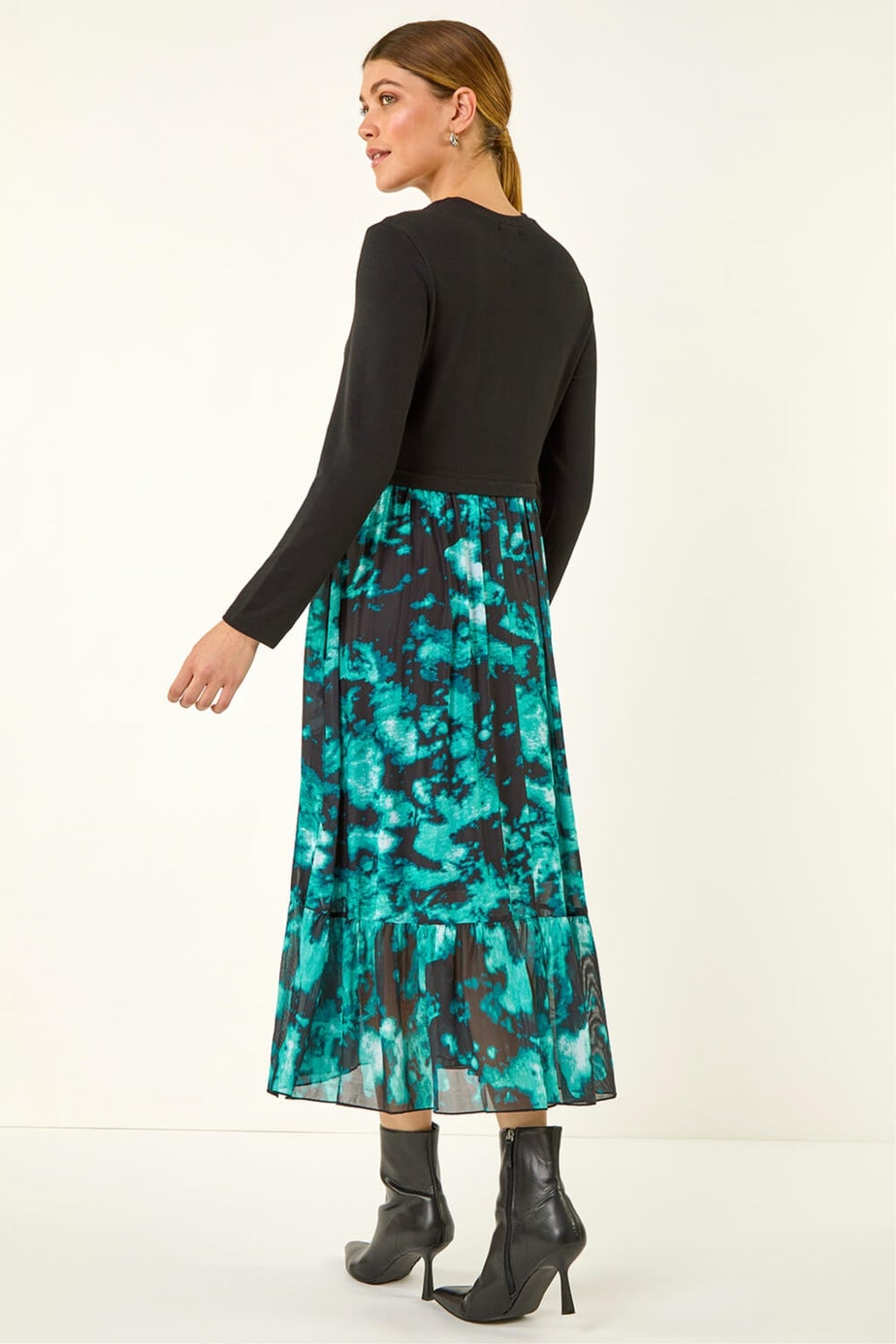 Roman Teal Abstract Print Stretch Midi Dress