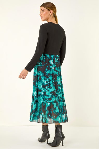 Roman Teal Abstract Print Stretch Midi Dress