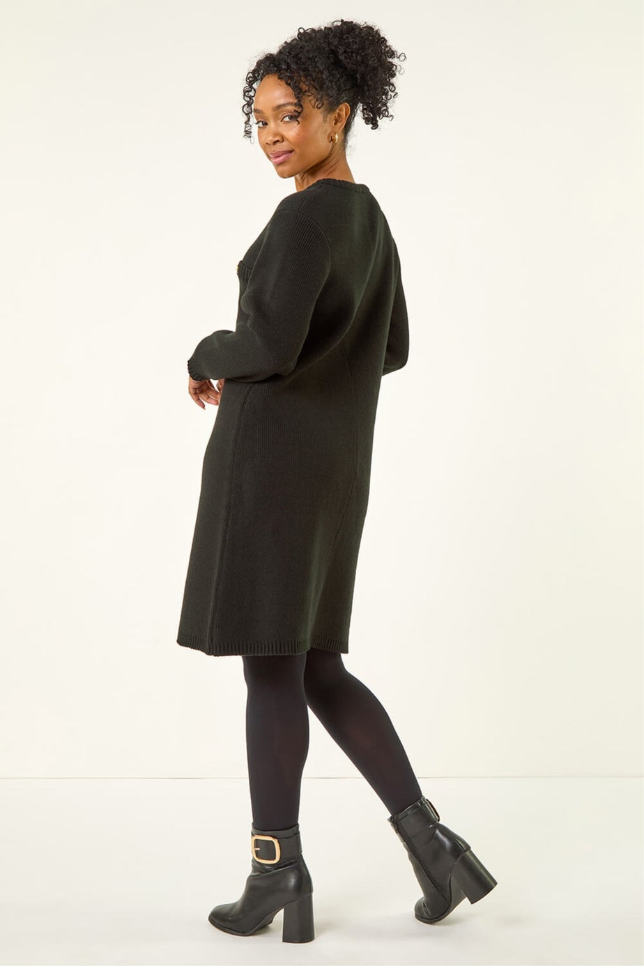 Roman Black Petite Button Detail Knit Dress