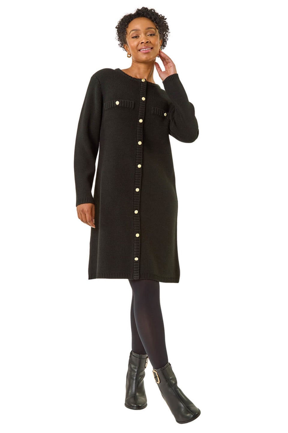 Roman Black Petite Button Detail Knit Dress