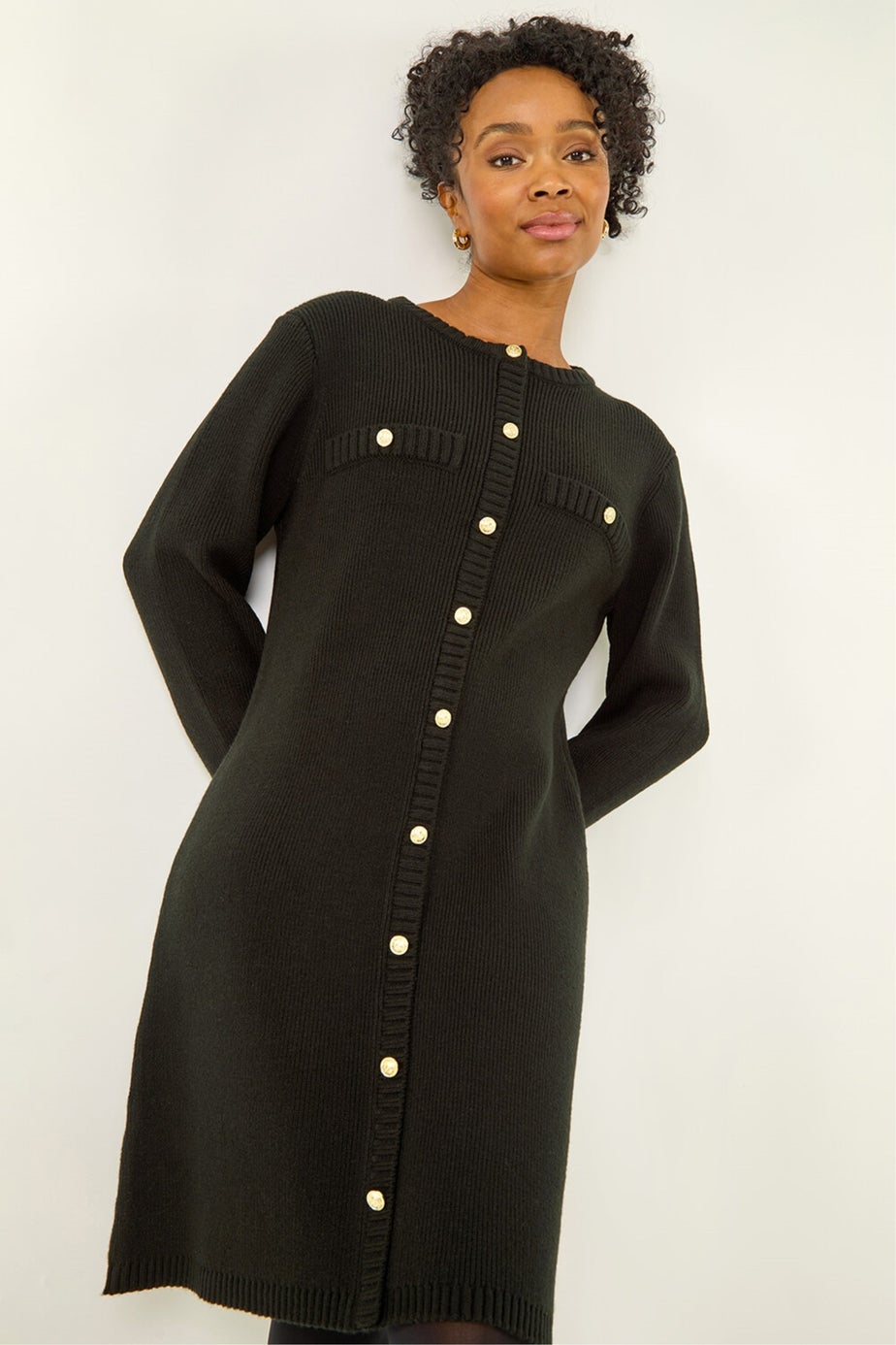 Roman Black Petite Button Detail Knit Dress