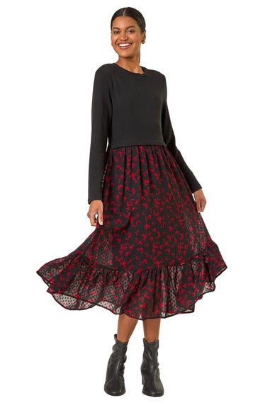 Roman Black Contrast Print Mesh Skirt Midi Dress